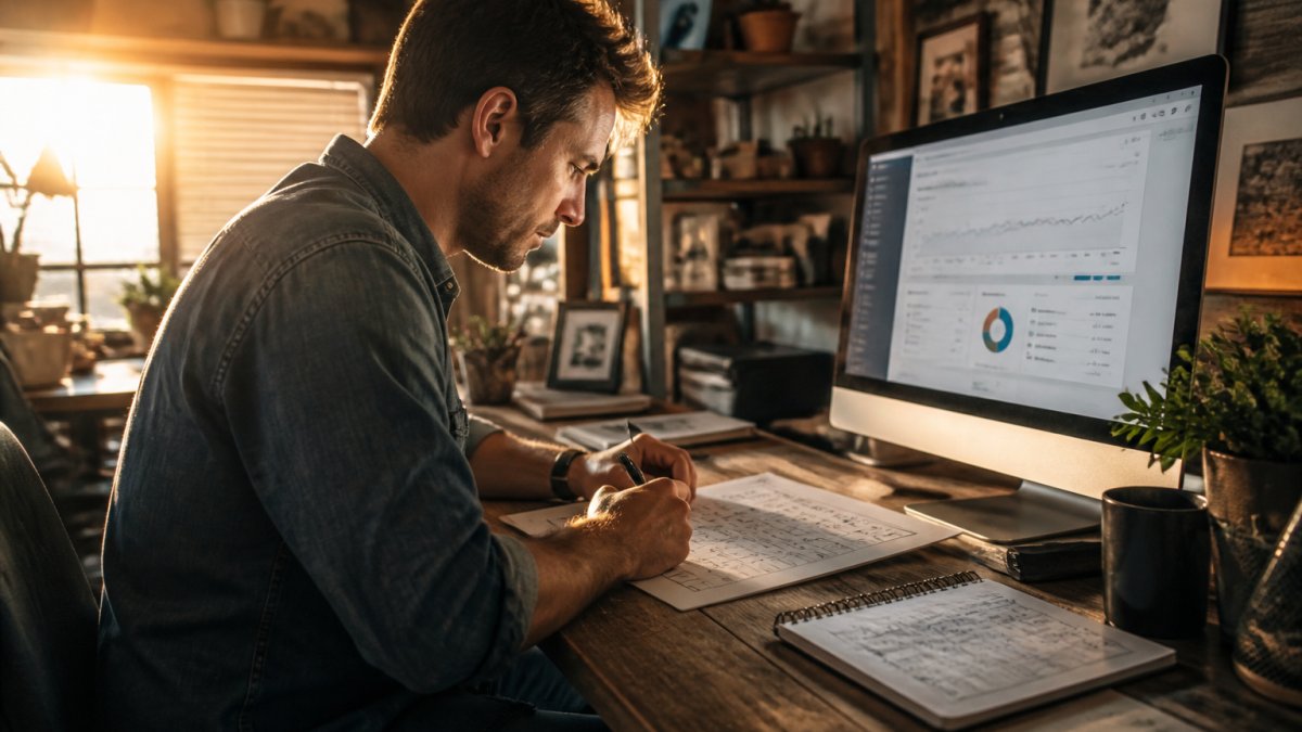 Is AI Website Design Good for SEO? The 2026 Truth Professional marketer reviewing website analytics dashboard on desktop monitor with SEO metrics visible, alongside printed checklist and notes on wooden desk in modern office