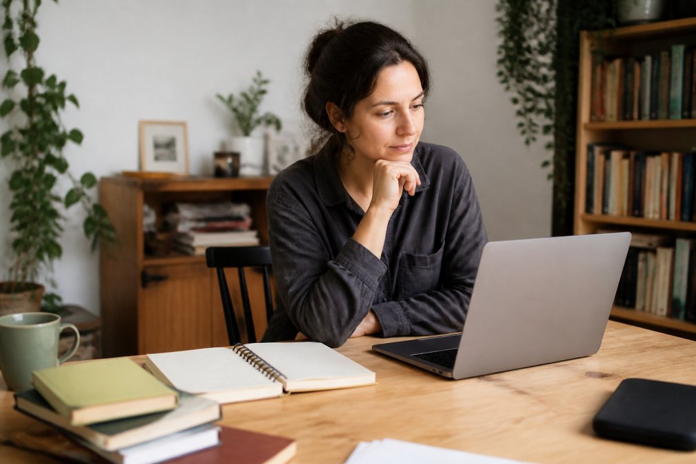 Writer sitting at a desk with a laptop and notebook, reviewing and editing text on the screen with a thoughtful expression in a bright, minimalist home office