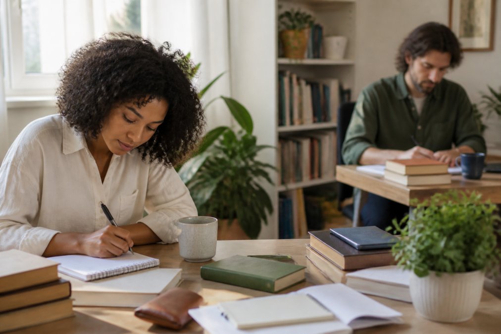 Diverse group of independent authors working at their own desks with laptops and writing materials in a bright, creative workspace with natural lighting