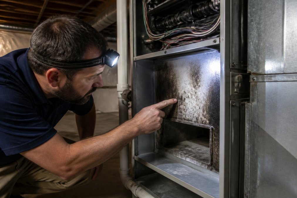 Homeowner using a flashlight to inspect an HVAC unit for dark mold growth to see if air duct cleaning is necessary