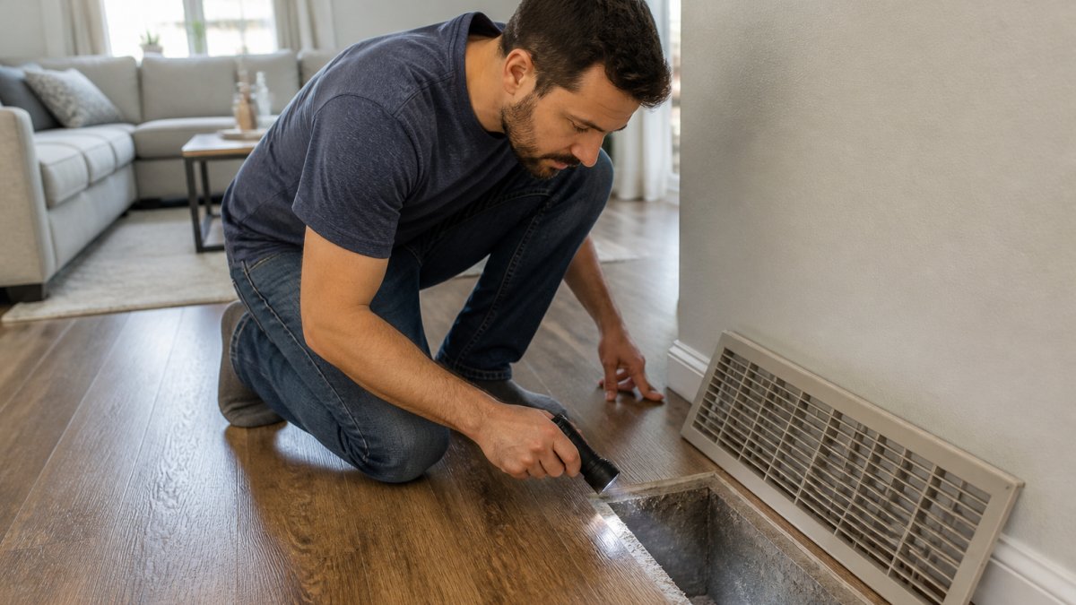 A homeowner in casual clothes crouching beside a floor supply vent with a flashlight, examining the inside of the duct for dust buildup in a bright living room