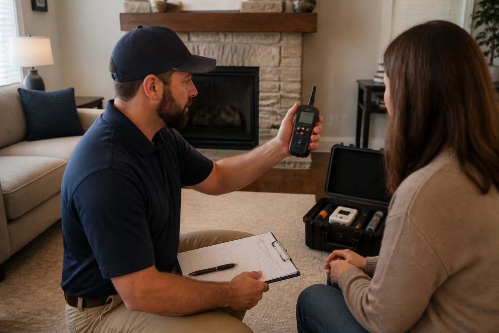 Inspector using a handheld monitor to perform air quality testing inside a residential living room