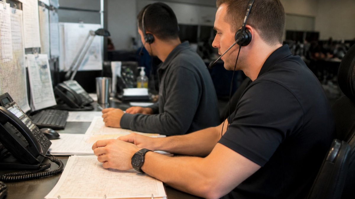An aircraft dispatcher in a headset seated at a multi-monitor operations desk, reviewing a flight plan and weather radar beside a colleague in a dimly lit airline operations control center