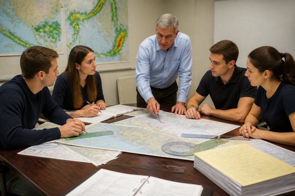 Small classroom with students and instructor reviewing aeronautical charts and flight planning materials at a large table, with weather maps and navigation tools visible