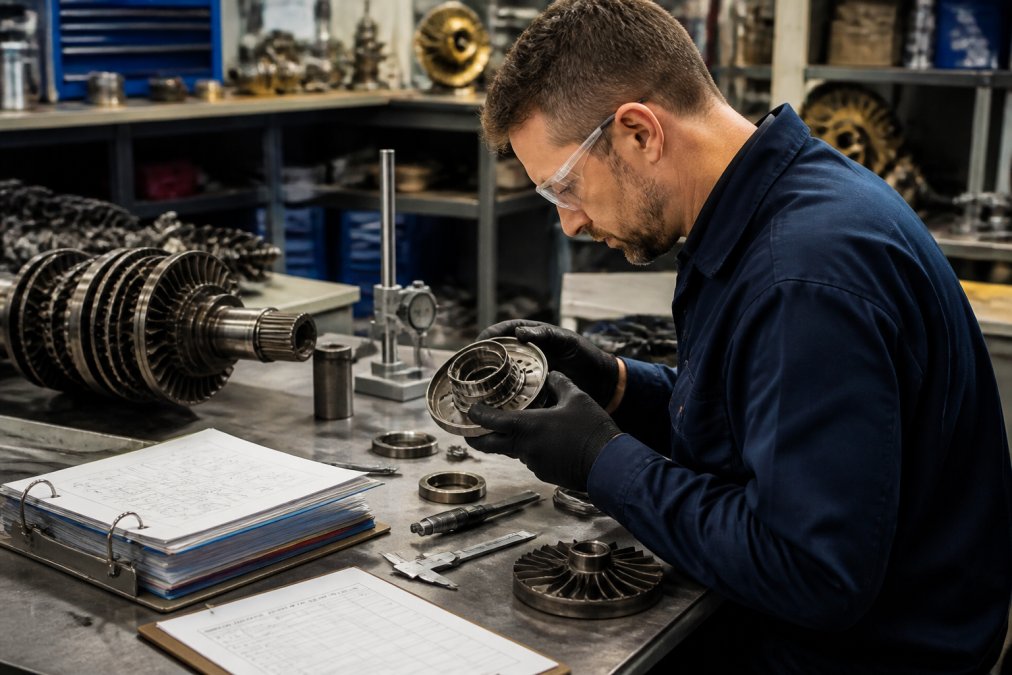 Experienced aircraft maintenance technician in safety glasses examining precision engine components at a well-organized workbench with technical manuals, calibrated measurement tools, and detailed inspection checklists