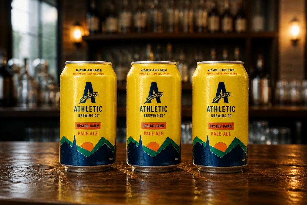 Three 440ml craft beer cans displayed on a wooden bar counter with condensation, warm pub lighting illuminating the labels in the background