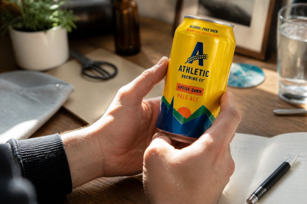 Close-up of someone's hands reading beer label details on a 440ml can, examining ABV percentage and brewing method information under natural light