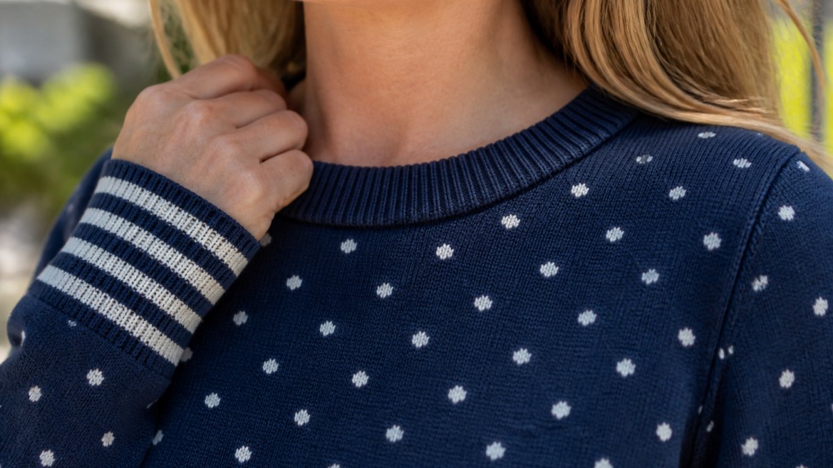 Diagram highlighting the quality details of a navy polka-dot knit sweater including ribbed neckline and cuffs.