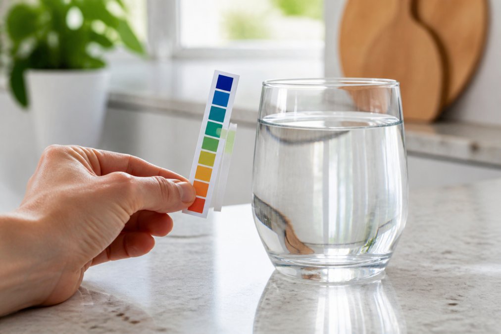 A glass of water with a pH testing strip held beside it on a kitchen counter, natural light, showing a clear reading of the water's alkalinity