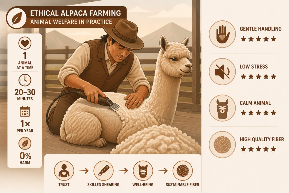 Close-up of alpaca being sheared by skilled farmer showing gentle handling and proper technique with natural lighting in farm setting