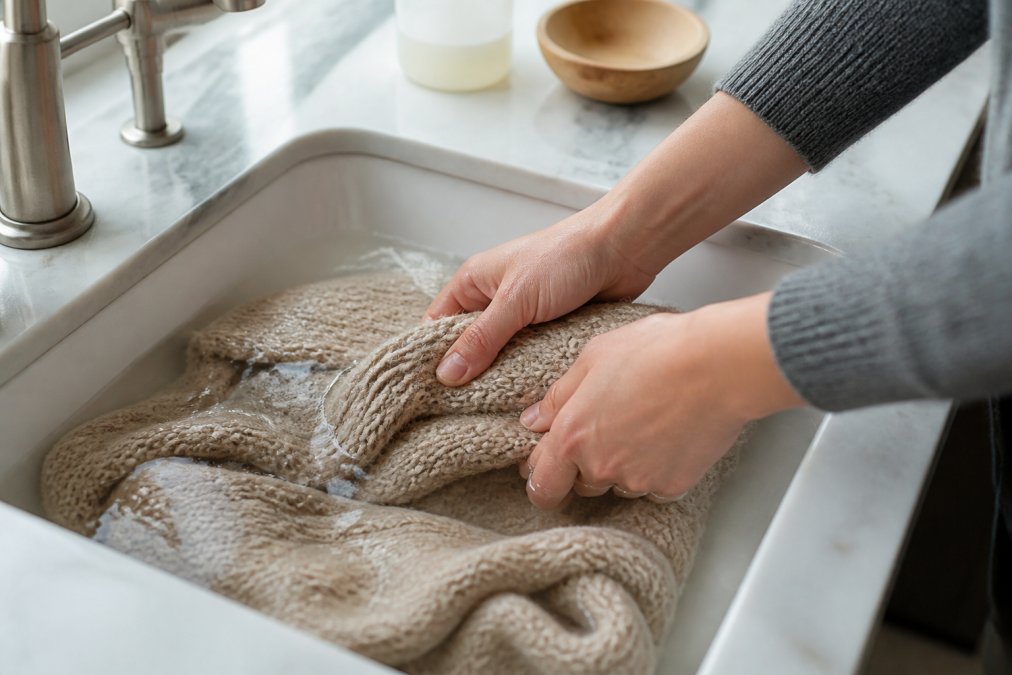Hands gently washing an alpaca garment in cool water in a sink, showing proper care technique with mild soap and careful handling