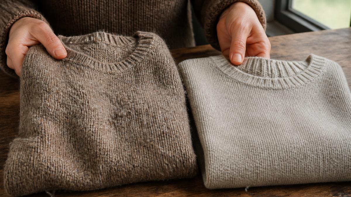 Comparison diagram showing the texture changes between new and worn knitted sweaters on a wooden table