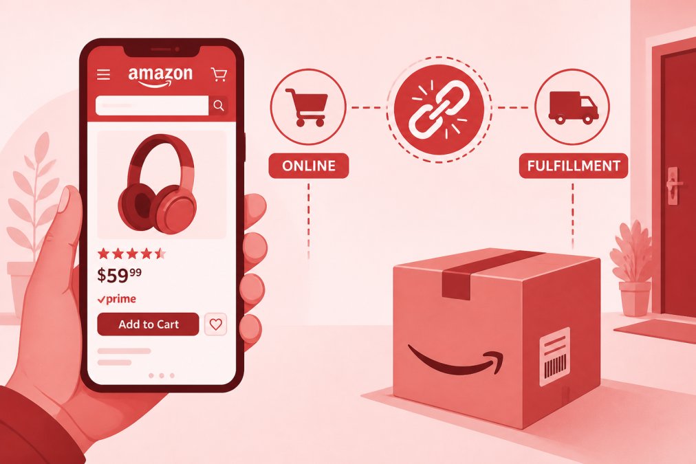 Customer on smartphone viewing product listing with package delivery box visible in foreground, showing the disconnect between online browsing and physical fulfillment
