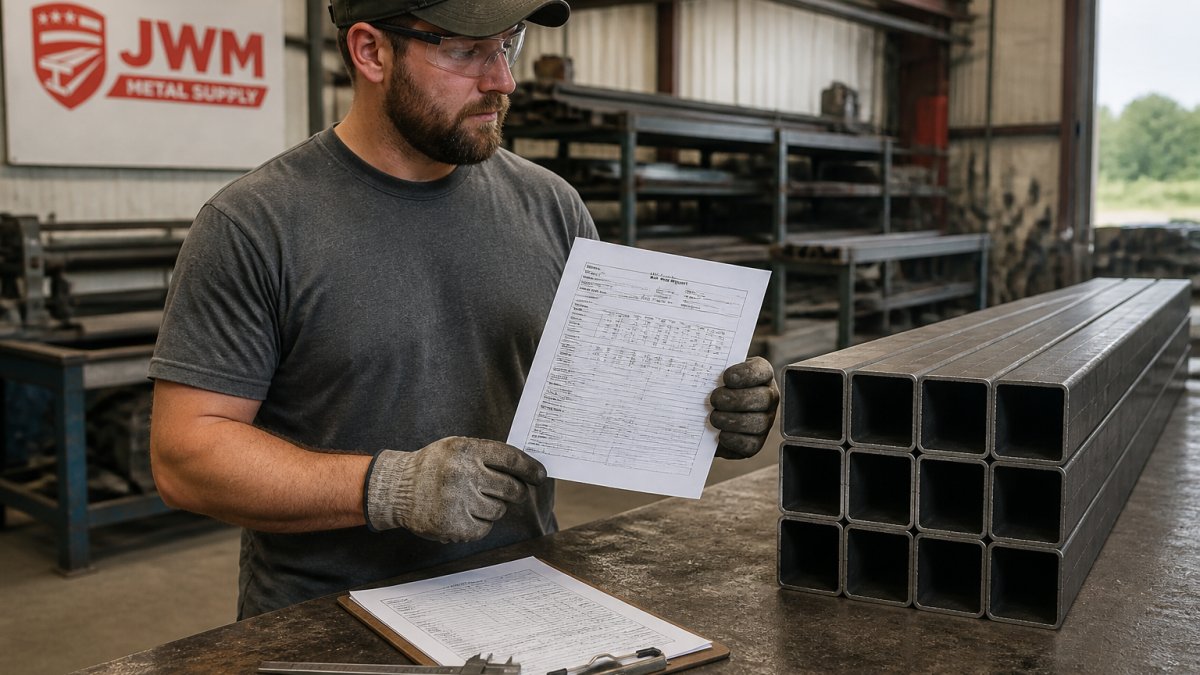 Fabrication worker reviewing a mill test report next to square steel tubing and shop tools in a bright workshop