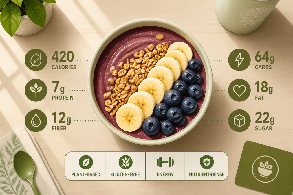 Overhead shot of a vibrant, thick acai bowl topped with fresh granola, sliced banana, and fresh blueberries on a clean wooden table in a bright, modern café setting, warm natural light streaming in from the left