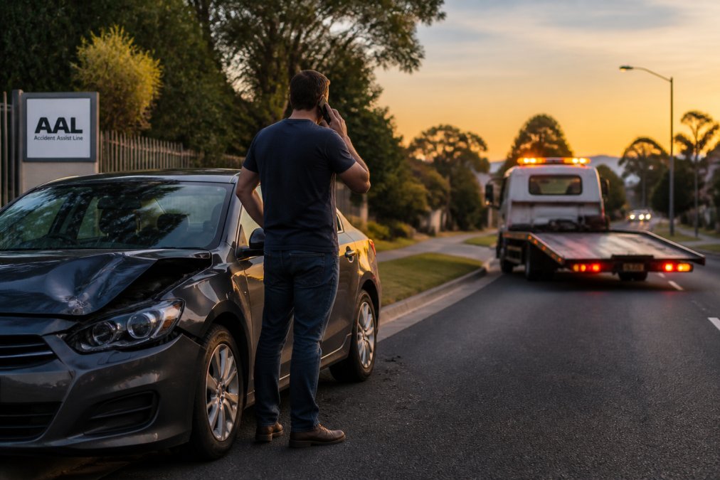 Person on a roadside with a damaged car waiting for an accident replacement vehicle as a tow truck arrives