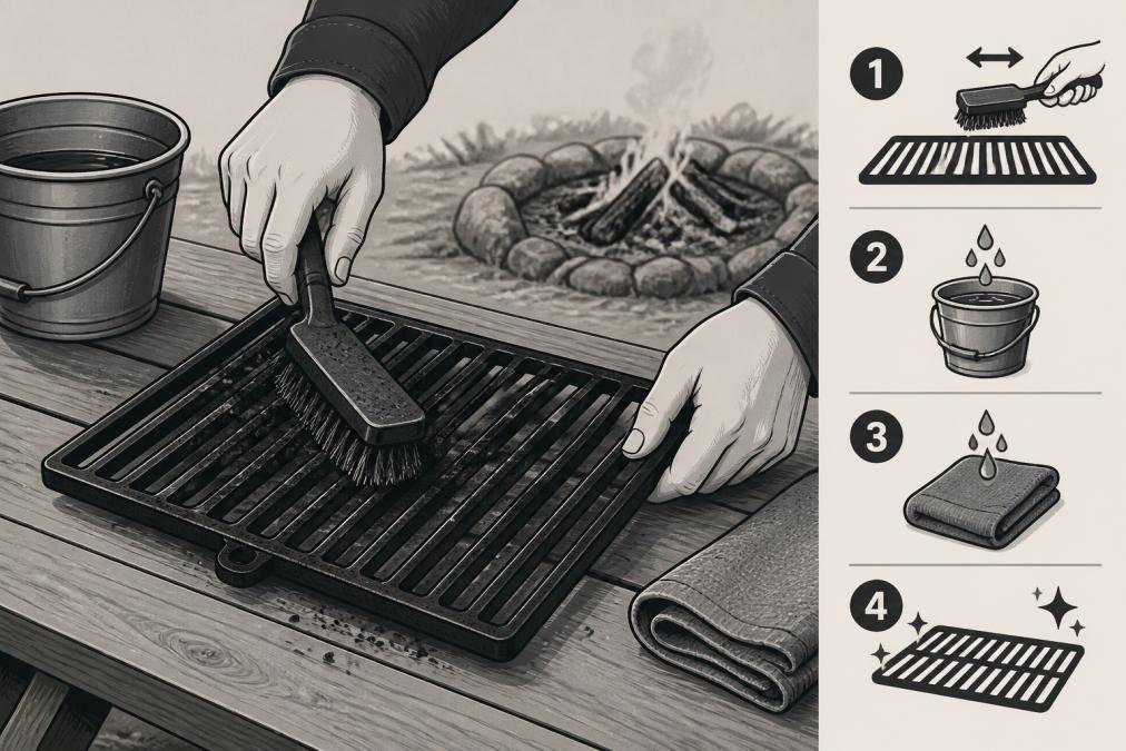 Close-up of a person's hands scrubbing a dark carbon steel campfire grill grate with a stiff wire brush on a wooden picnic table beside a dying campfire, a small metal bucket and folded cloth nearby, warm late-day light