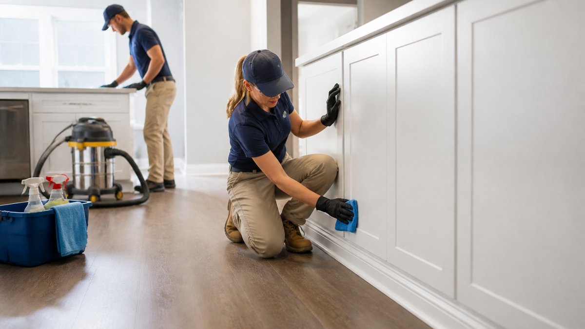 Cleaning crew in protective gear performing after construction cleaning on baseboards and cabinets