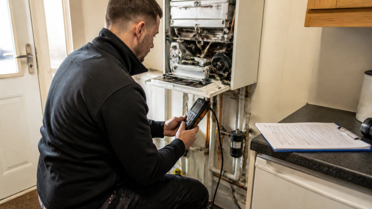 A Gas Safe registered heating engineer in a domestic utility room, kneeling at an open boiler casing with a flue gas analyser in hand, service checklist resting on a nearby worktop