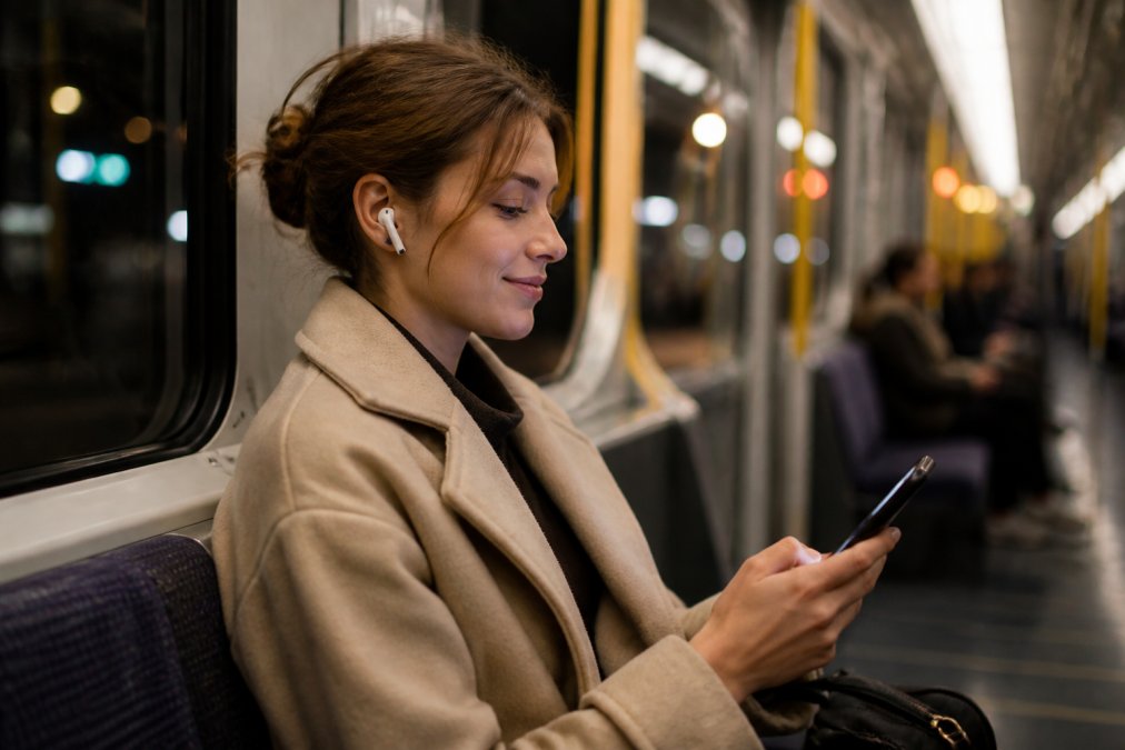 A person wearing wireless earbuds on a subway commute, looking relaxed while listening to audio on their phone, with city lights blurred in the background