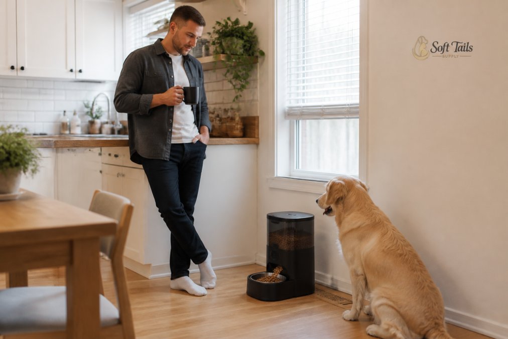 A busy professional in a modern kitchen glancing at an automatic pet feeder dispensing kibble into a bowl while a dog waits nearby