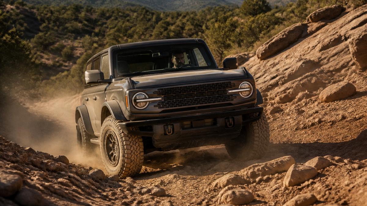 Supercharged off-road vehicle climbing a steep rocky trail as dust kicks up during the late afternoon sun