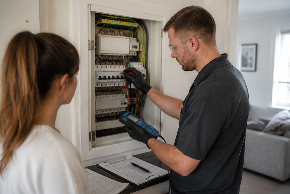 A qualified electrician in safety glasses and gloves testing a consumer unit with a multifunction tester inside a rented flat, clipboard and test certificate forms resting nearby