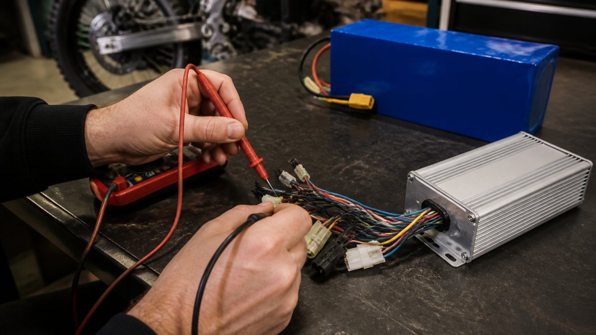 Close-up of hands using a multimeter to test voltage on an e-bike controller wiring harness, with the controller and battery pack visible on a workbench