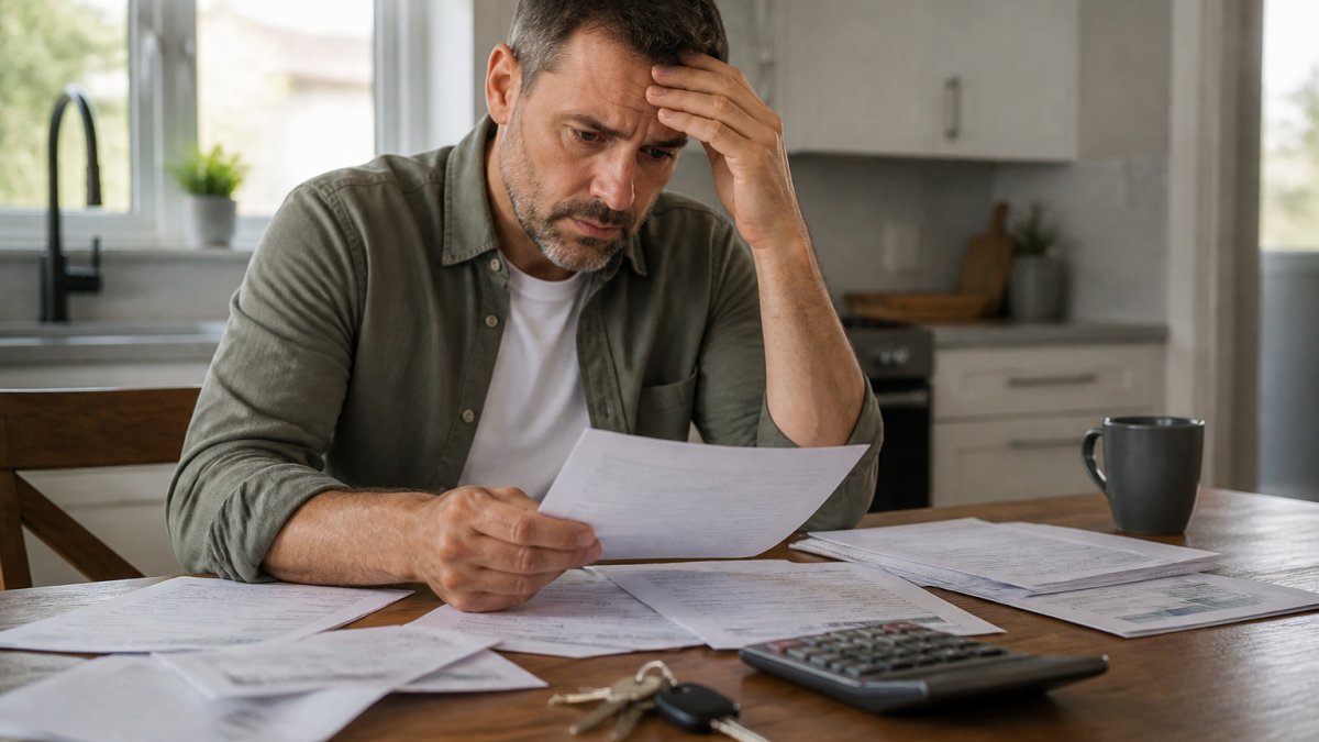 Homeowner sitting at kitchen table reviewing loan documents, financial statements, and bills with a worried expression, natural morning light from window, house keys and calculator visible on table
