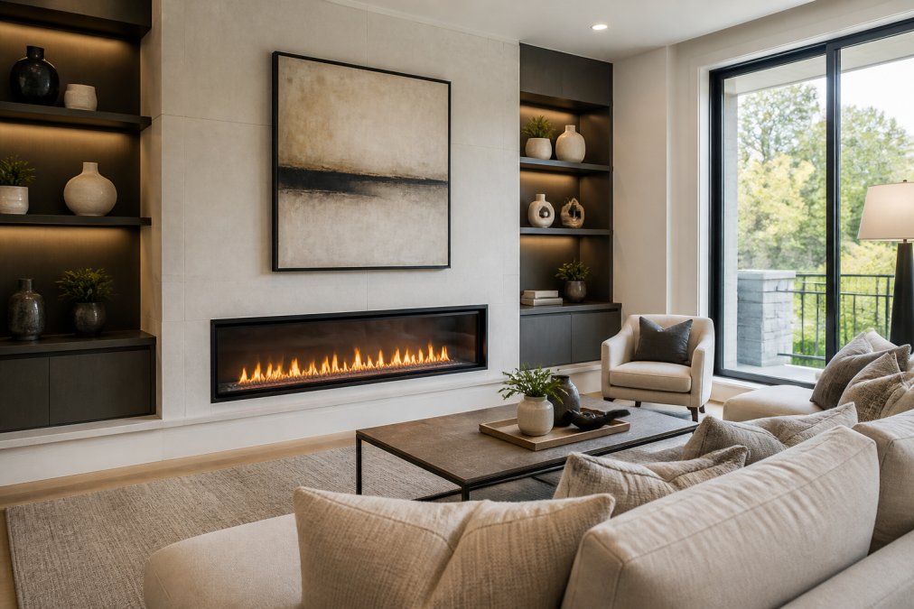 A bright, modern living room with a sleek linear electric fireplace as the focal point, surrounded by elegant furniture and warm lighting