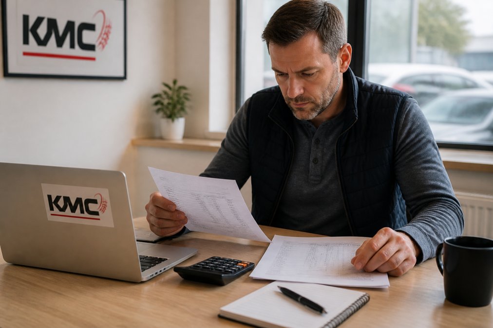 Car owner reviewing warranty documents and repair quotes at a desk with a laptop, calculator, and notepad, looking focused and analytical in natural office lighting