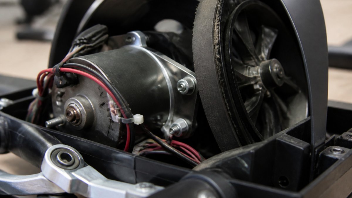 Close-up of exercise bike internal components showing resistance system, drive motor connections, and mechanical parts with visible wear
