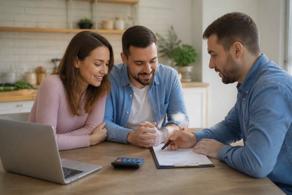 A young couple sitting at a kitchen table with a mortgage lender, reviewing paperwork and smiling, with a laptop and calculator nearby in a bright home office