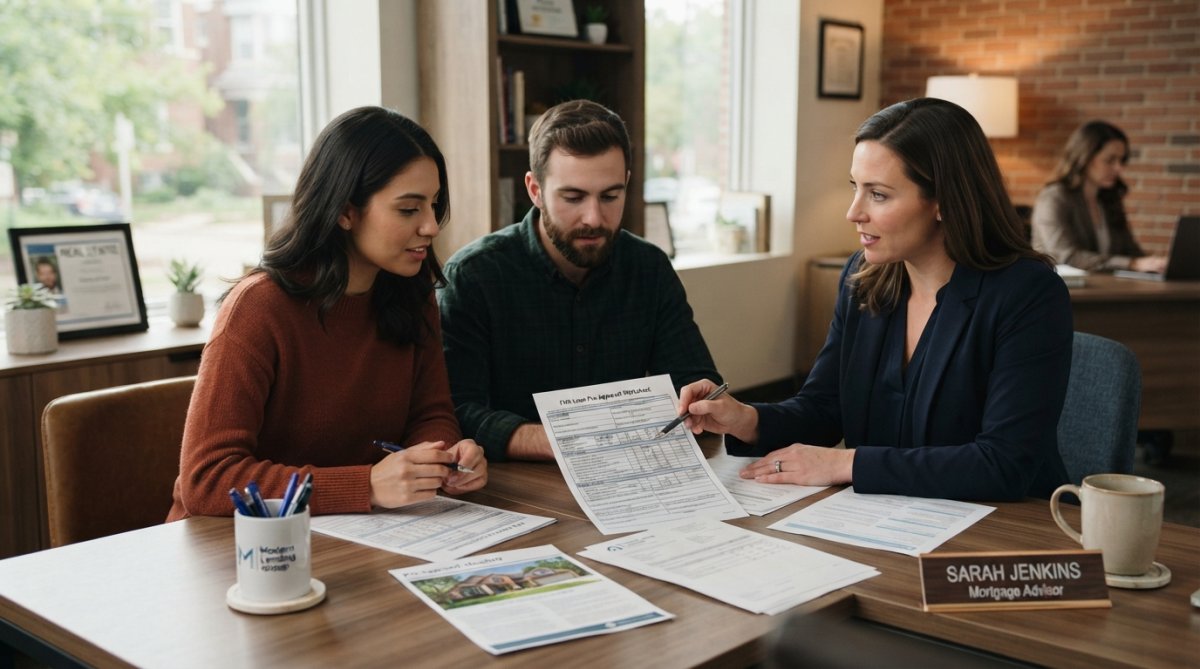 First-time homebuyer reviewing mortgage documents for an FHA loan with a loan officer in a bright office.
