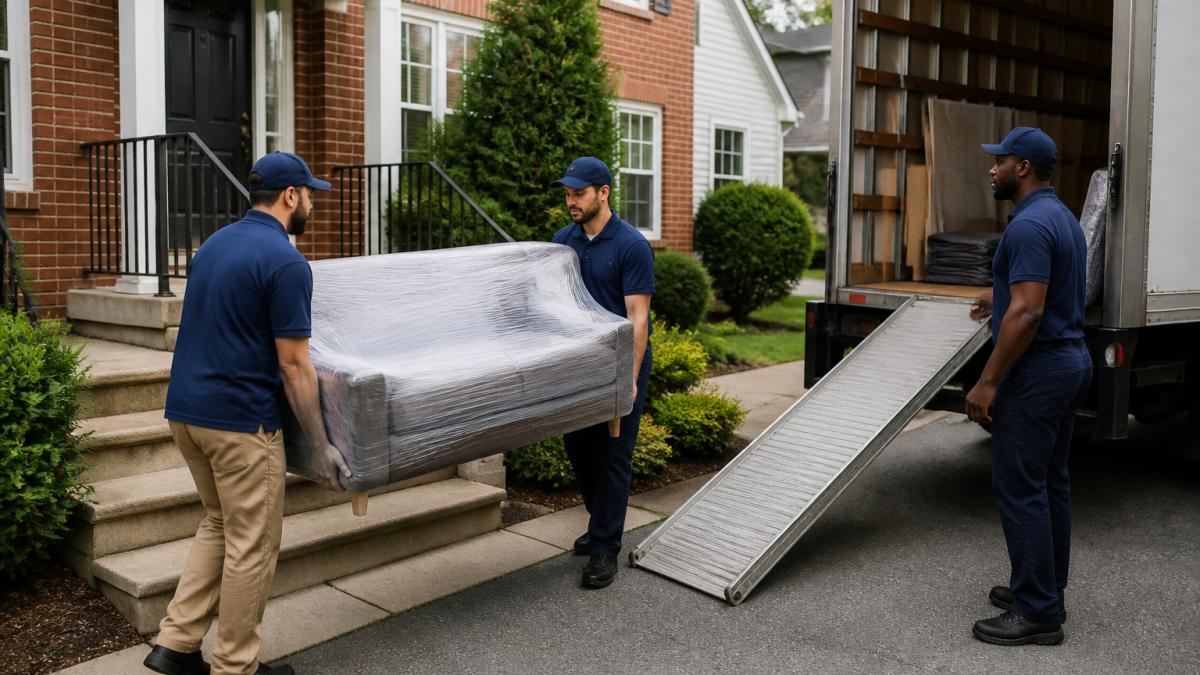 Two professional movers in matching uniforms carrying a wrapped sofa down the front steps of a suburban house toward a moving truck, with a third mover holding the truck ramp open