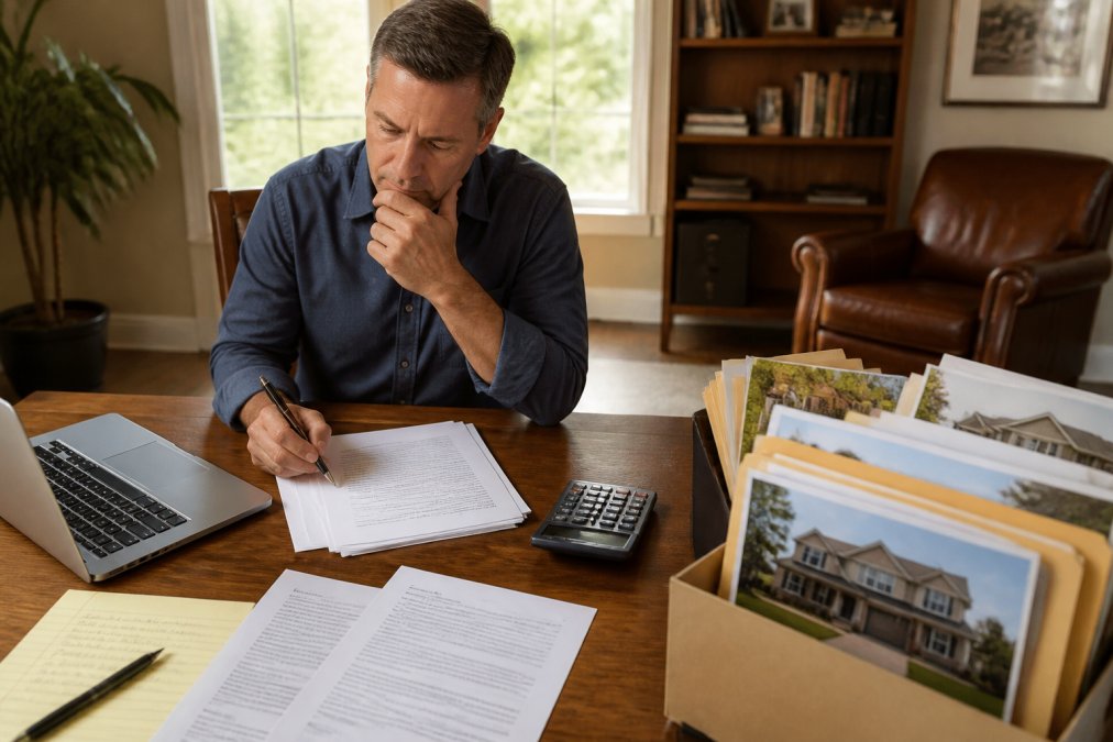 Real estate investor reviewing LLC operating agreement and property documentation at wooden desk with laptop, calculator, and rental property photos in organized file folders