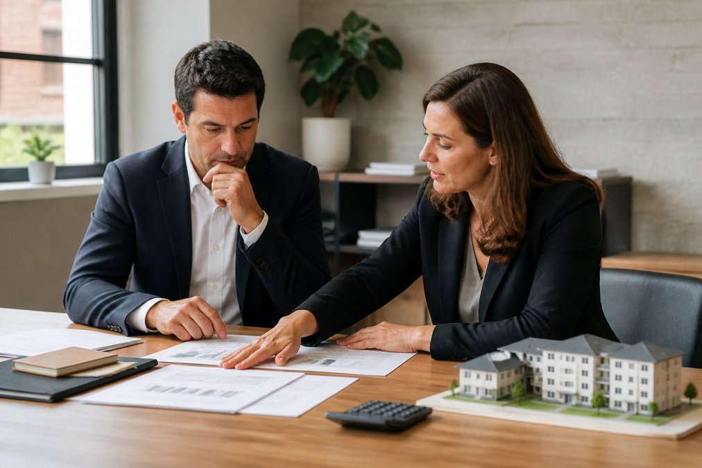 Real estate investor in professional attire reviewing financial statements and property portfolio with advisor in modern office, discussing investment strategy at desk with laptop and documents
