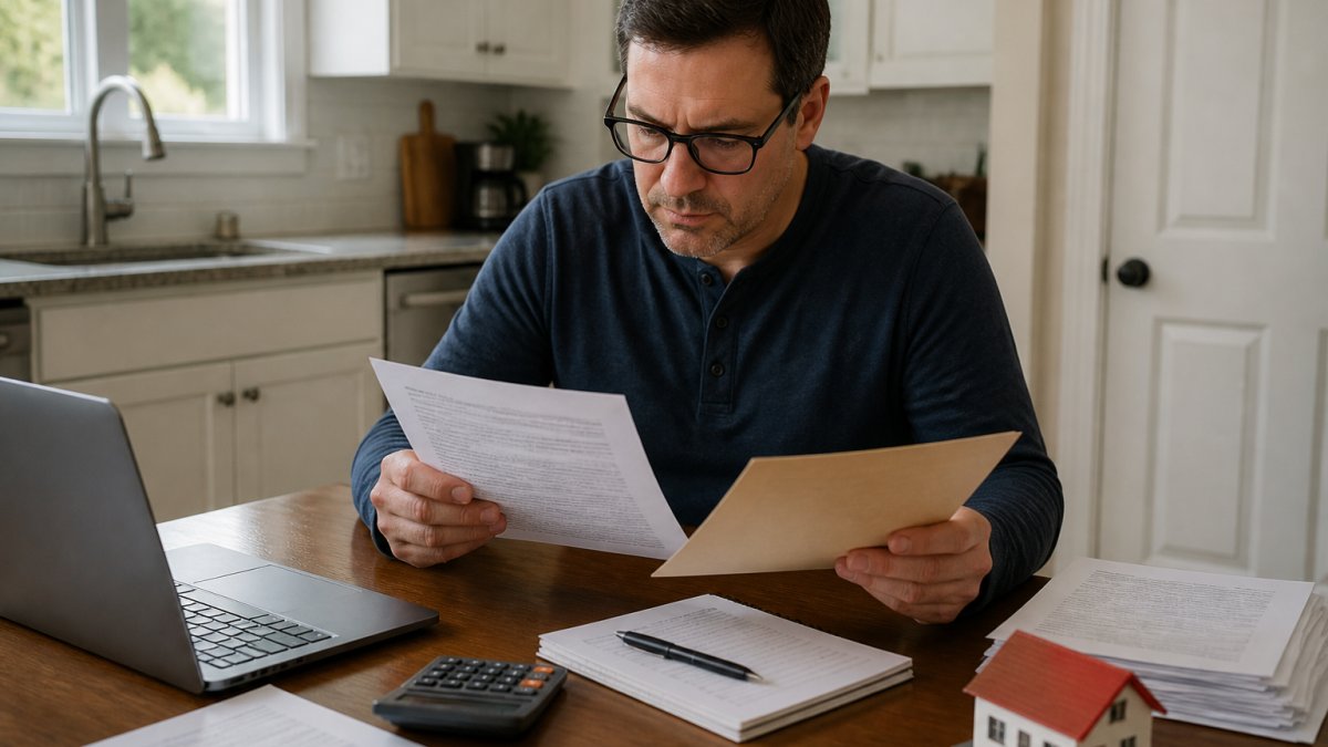 A real estate investor reviewing mortgage documents and a property deed at a kitchen table with a laptop and calculator nearby