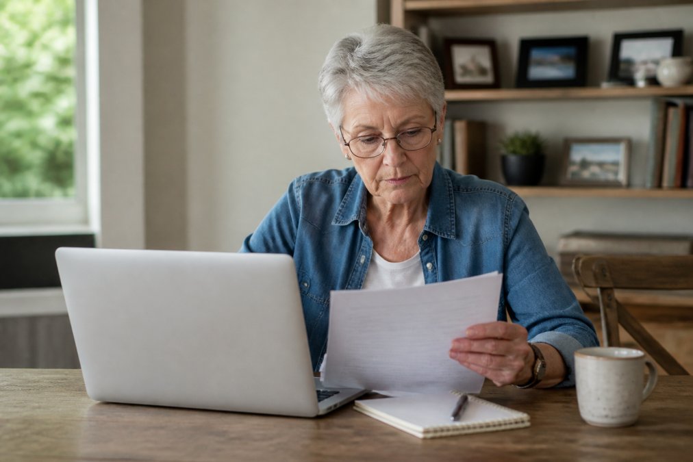 Older adult with reading glasses reviewing documents on a laptop at a desk, with a notebook and pen nearby, appearing focused and engaged