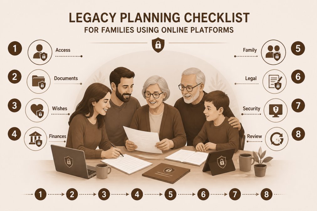 Multi-generational family group gathered around a table reviewing papers and having a conversation, showing warmth and collaboration