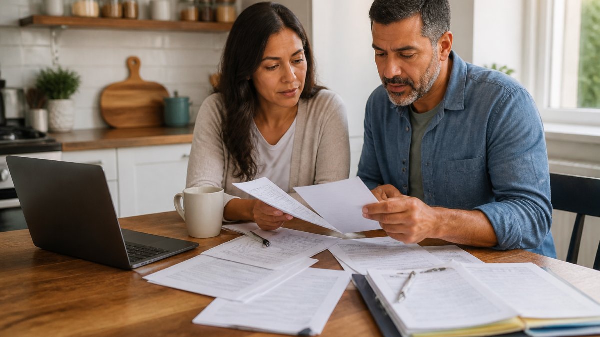 A couple reviewing financial documents at a table to prepare for a life insurance quote process.