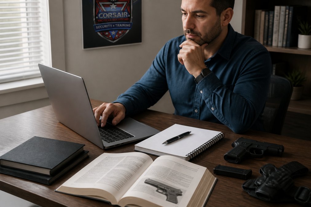 Professional reviewing course materials on a laptop for an online Texas LTC class at a desk with firearm references.