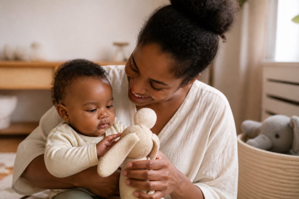 A close-up of a baby's hand holding a soft, cream-coloured organic cotton plush toy, with the natural textured weave of the fabric visible under soft window light