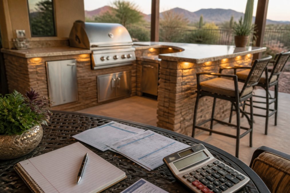 A finished outdoor kitchen with a built-in stainless steel grill, stone countertop, and bar seating on a covered patio in a desert backyard setting, with warm evening lighting