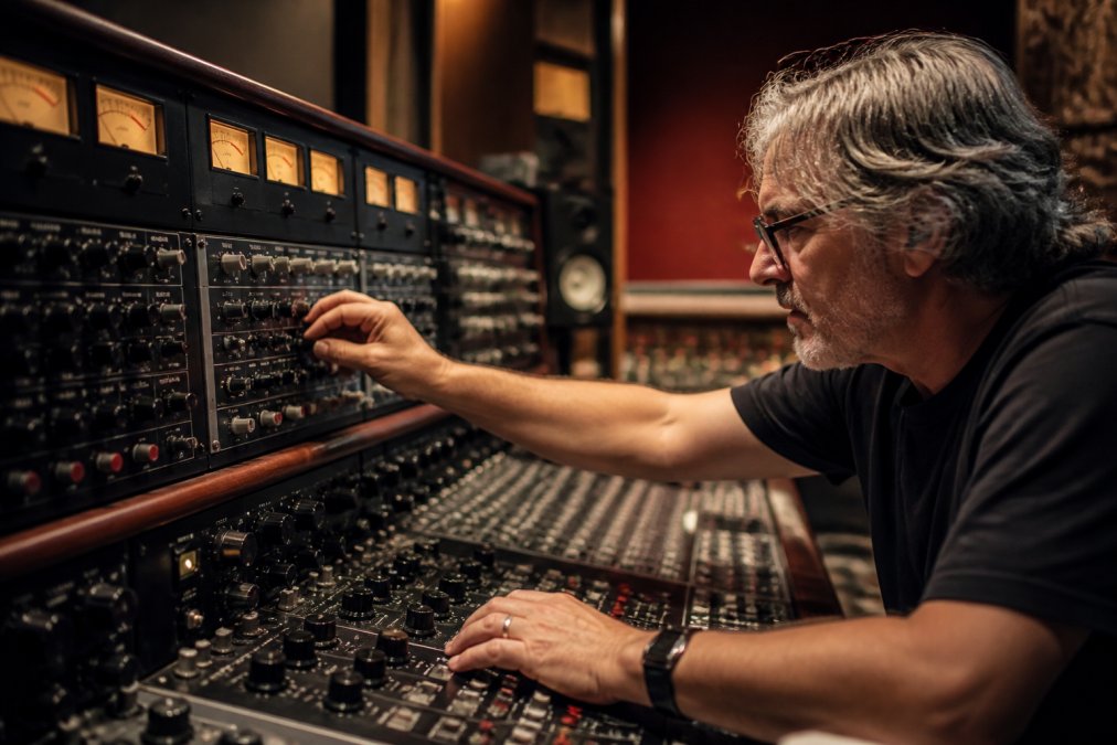 Professional mastering engineer adjusting analog outboard gear with hands on mixing console, meters displaying signal levels in dim studio lighting