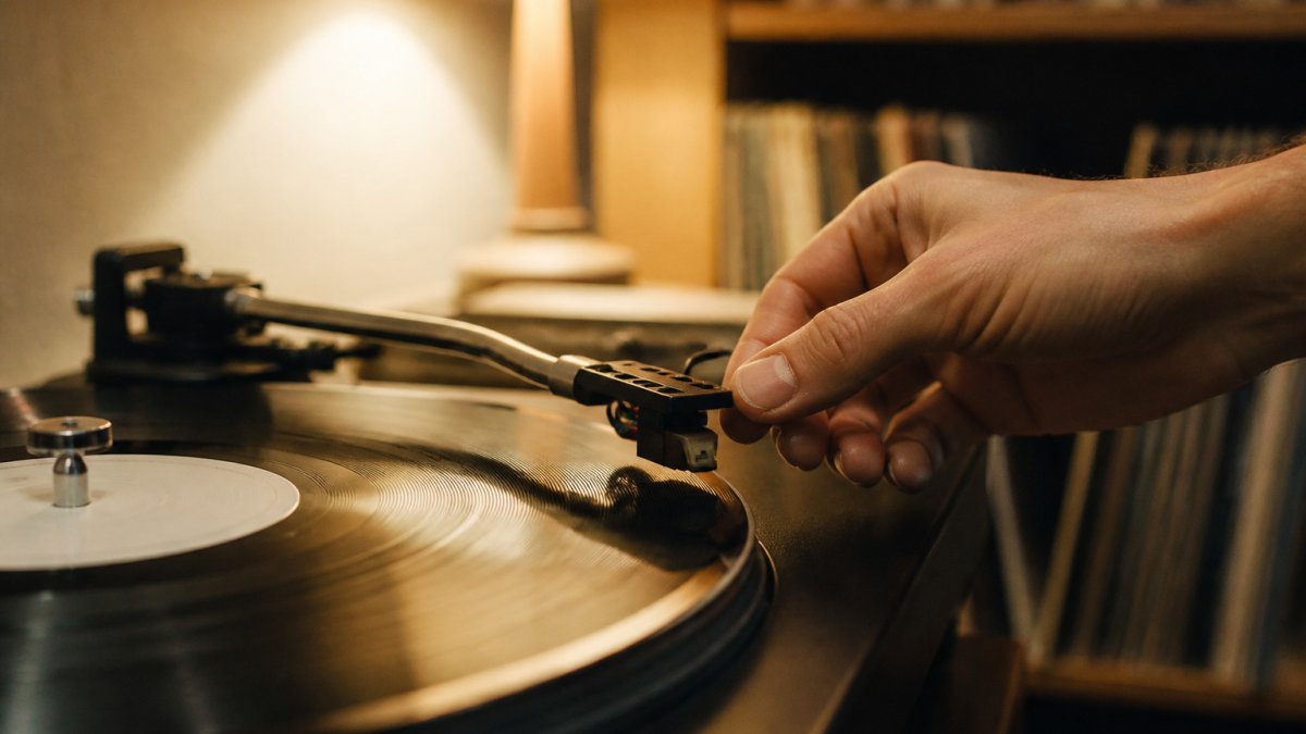 A hand carefully lowering a stylus onto a spinning vinyl record on a turntable in a warm listening room