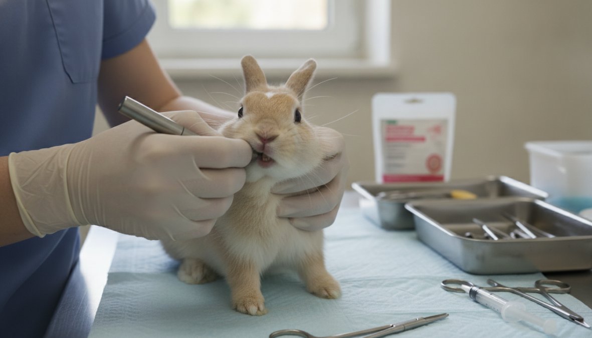 A veterinarian in blue scrubs gently holding a white rabbit on a stainless steel exam table, carefully examining the rabbit's mouth and airway under bright clinical overhead lighting
