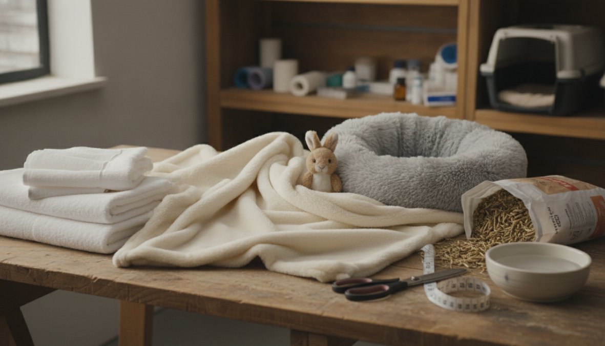 A small brown rabbit resting on soft white fleece bedding inside a clean recovery enclosure, with a shallow ceramic water bowl and a small pile of fresh timothy hay placed nearby in soft, warm indoor lighting