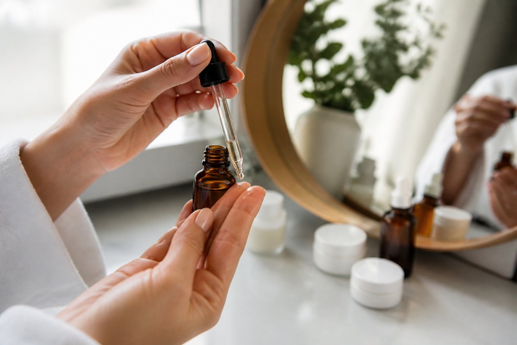Woman applying a drop of serum to her fingertip in a bright bathroom