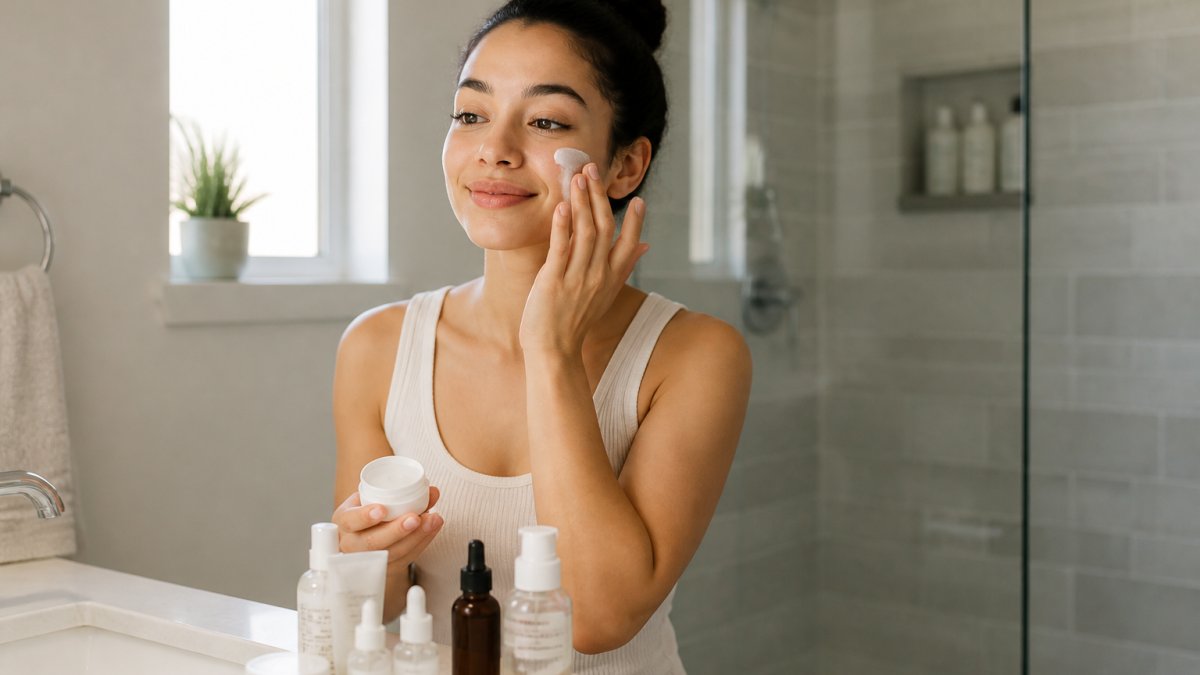 A young woman in her mid-20s standing at a bathroom vanity applying moisturizer, with a simple lineup of skincare bottles on the counter in soft morning light